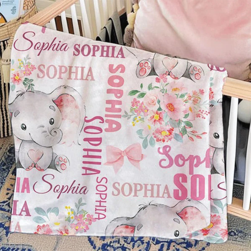 Personalized Cute Pink Blue Floral Elephant Blanket
