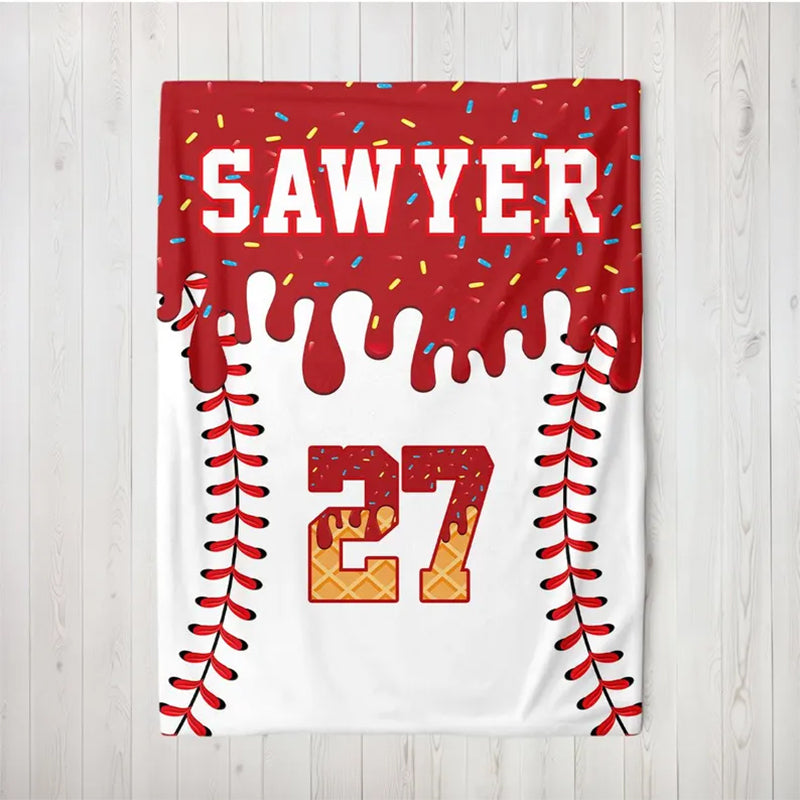 Custom Baseball Drip Blanket, Personalized Ice Cream Drip Baseball Blanket