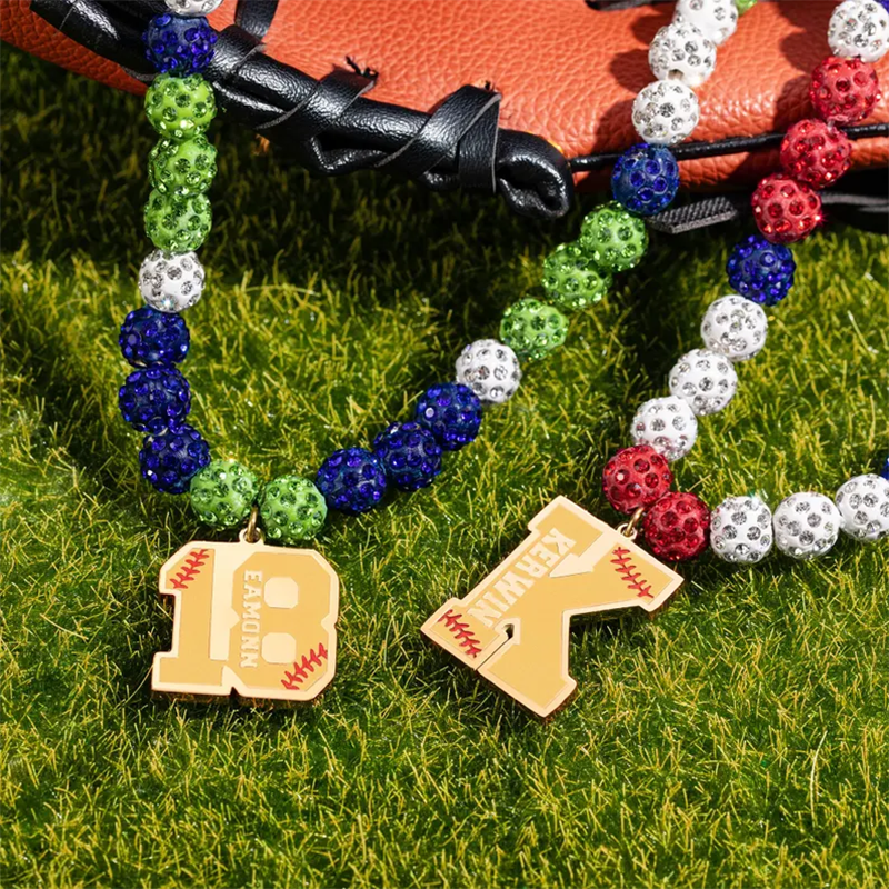 Personalized Magnetic Sparkle Rhinestone Disco Ball Baseball Sports Name Beaded Necklace