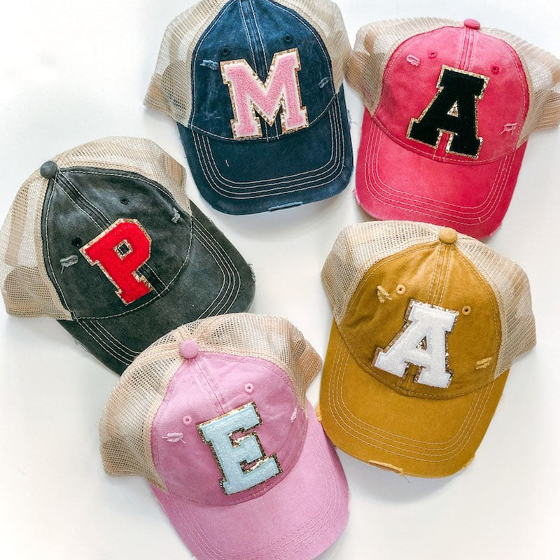 Distressed Hat with Varsity Letter Patches