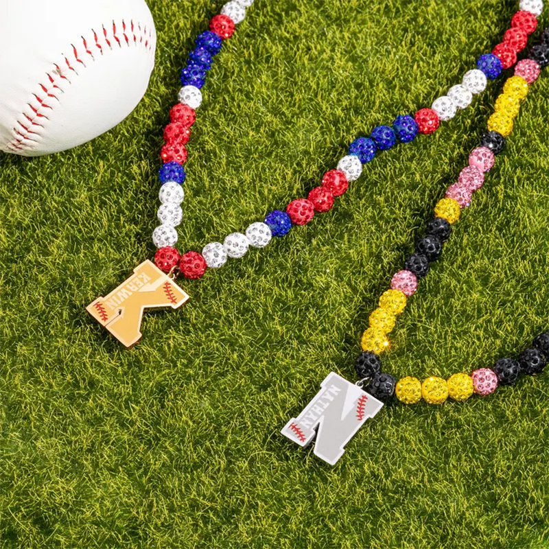 Personalized Magnetic Sparkle Rhinestone Disco Ball Baseball Sports Name Beaded Necklace