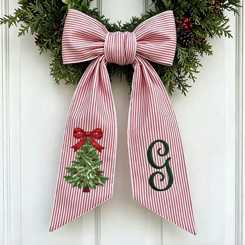 Personalized Christmas Tree Wreath Sash, Stripe Front Door Ric Rac Bow