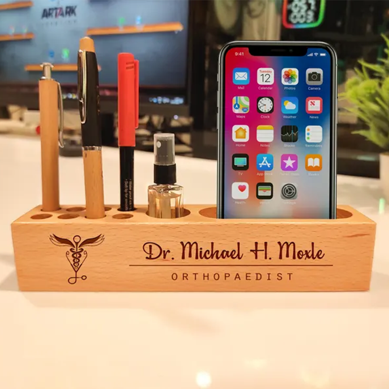 Personalized Doctor Gift: Engraved Wood Desk Organizer with Caduceus