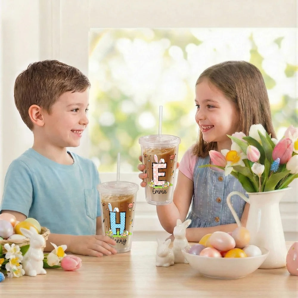 Personalized Cute Bunny 16 oz Easter Straw Water Bottle with Nam