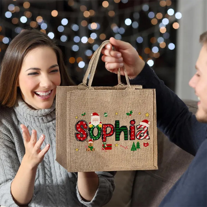 Personalized Santa Jute Tote Bag - Custom Name