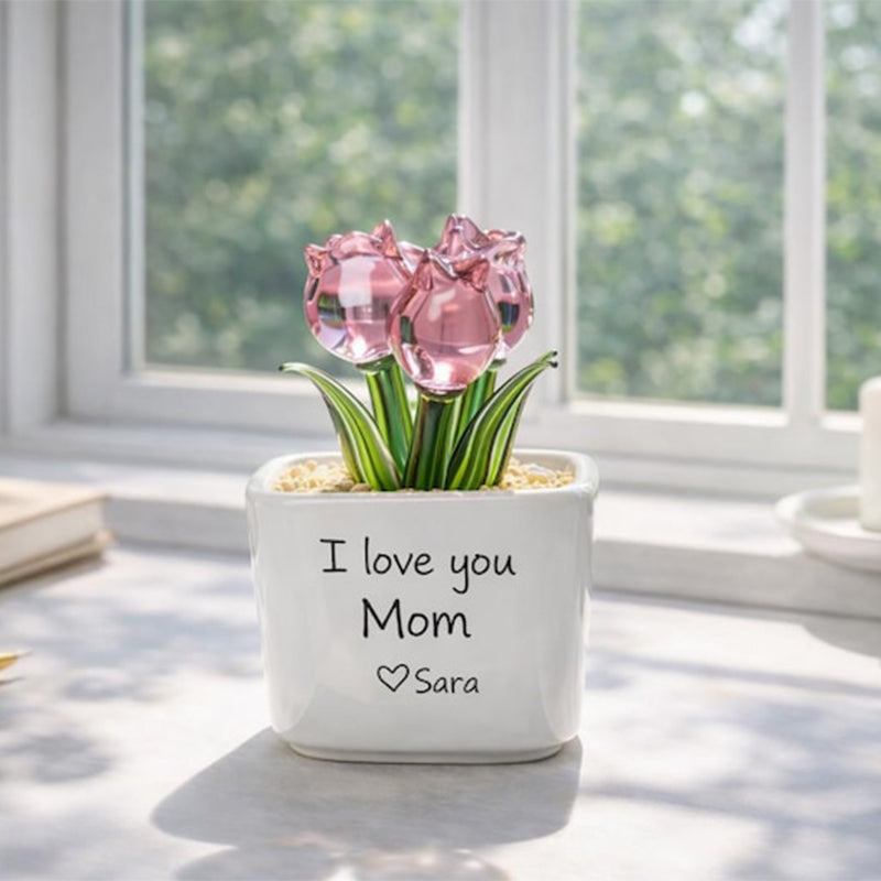 Personalized Glass Everlasting Tulips, Glass Flower Pot, Handmade Gift for Mom