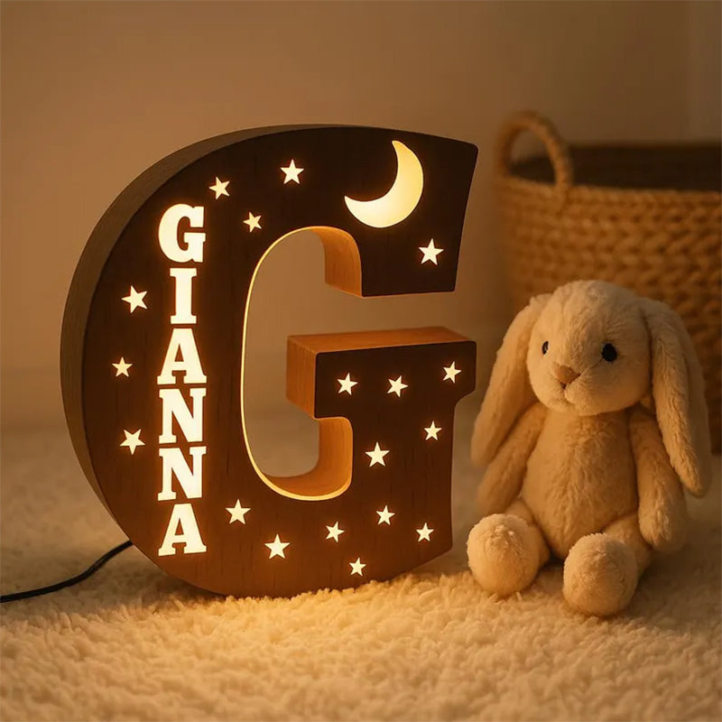 Personalized Wooden Night Light: Custom Name Initial LED Nursery Lamp