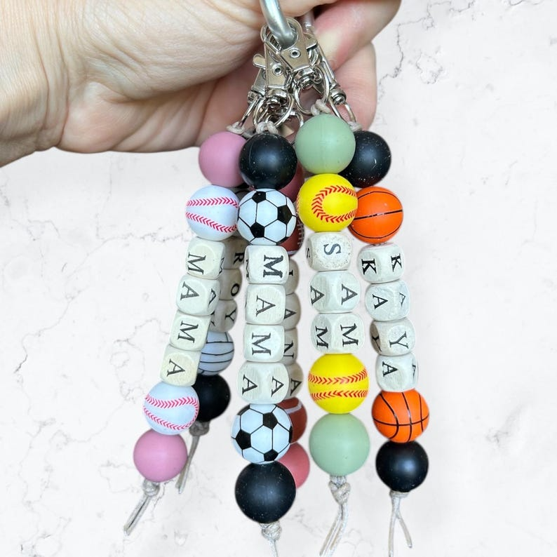Personalized Sports Keychain / Beaded Name Keyring with Baseball, Soccer, Basketball