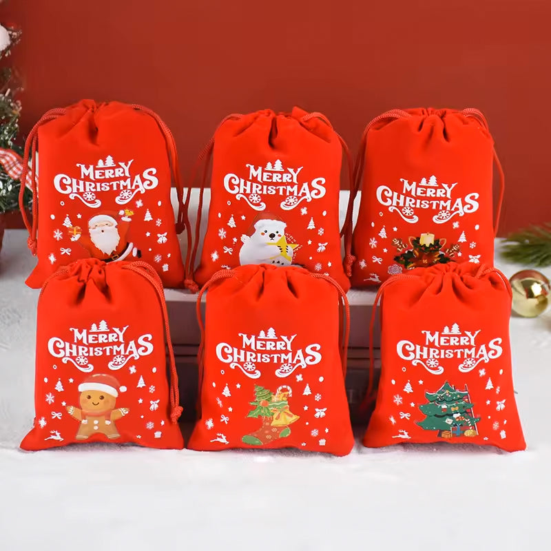 10/20pcs Christmas Drawstring Velvet Bags Red Candy Biscuits Pouch Personalization name
