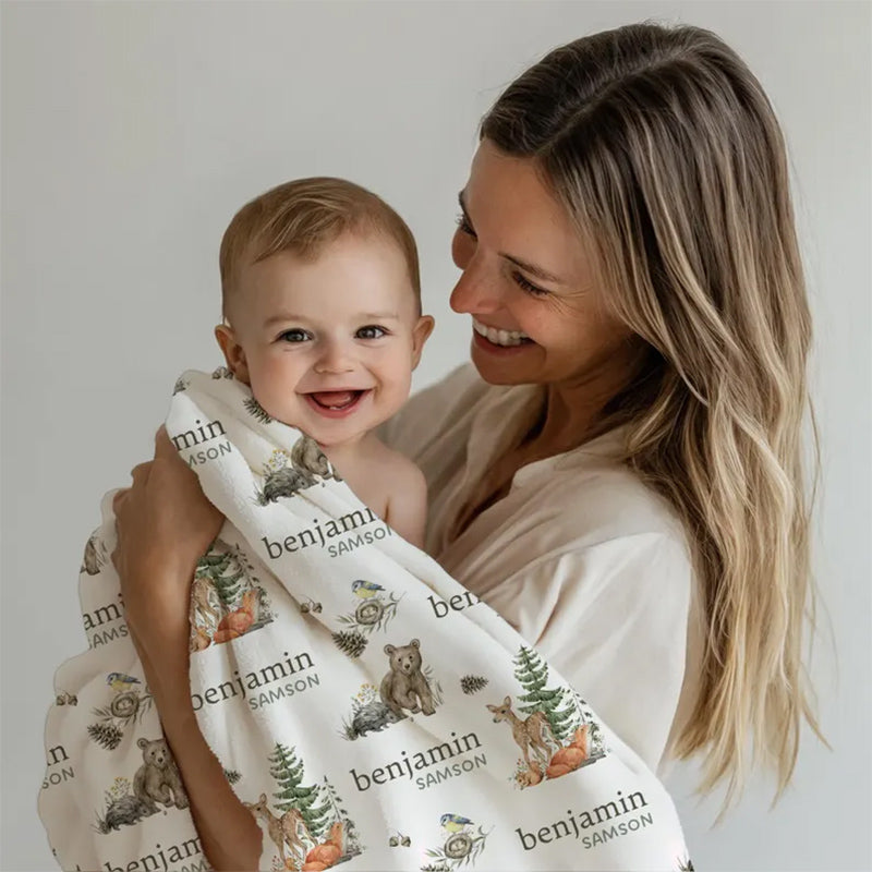 Personalized Forest Animal Baby Blanket, Custom Baby Name Blanket