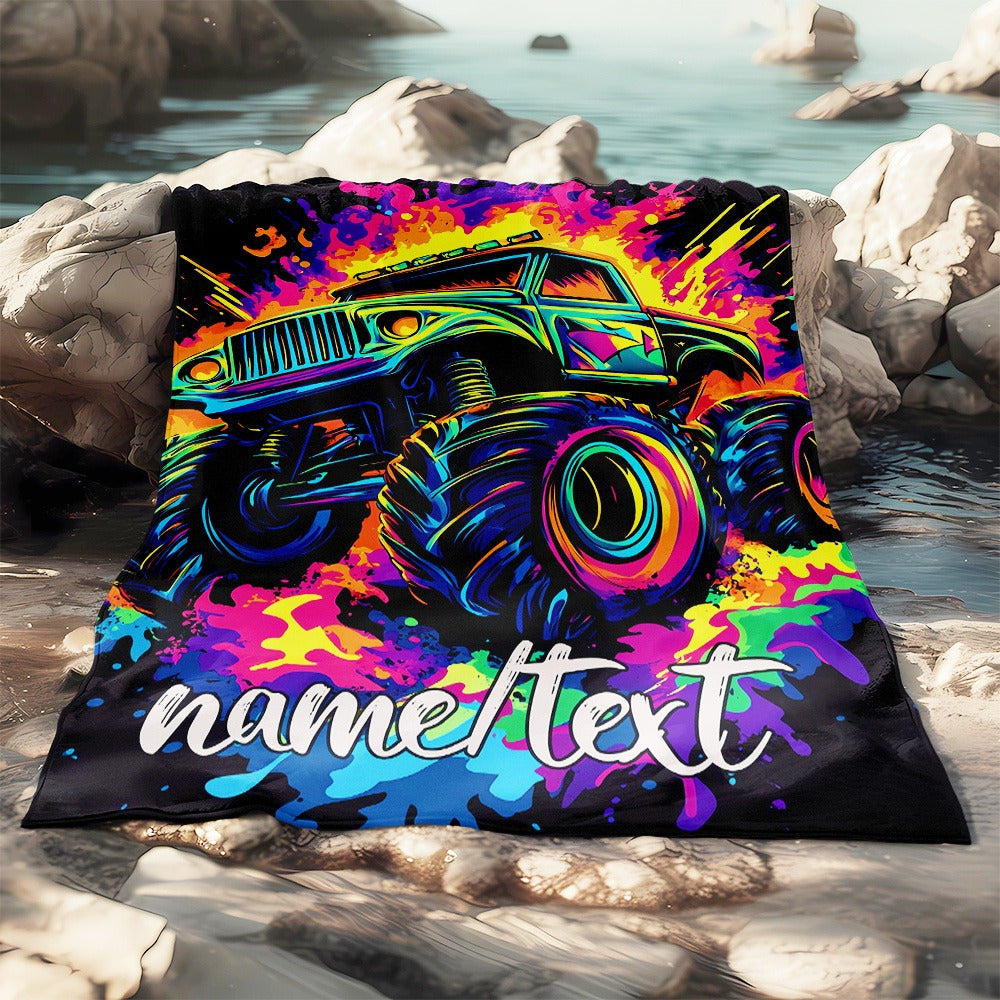 Glam Style Custom Name Monster Truck Flannel Throw Blanket