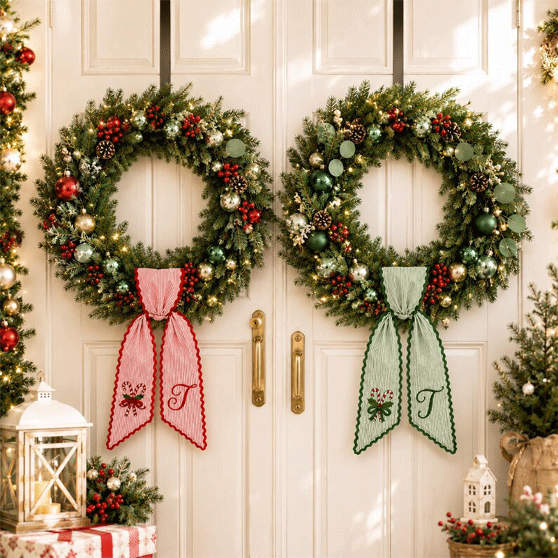 Personalized Christmas Wreath Sash, Pink Stripe Monogram Door Bow