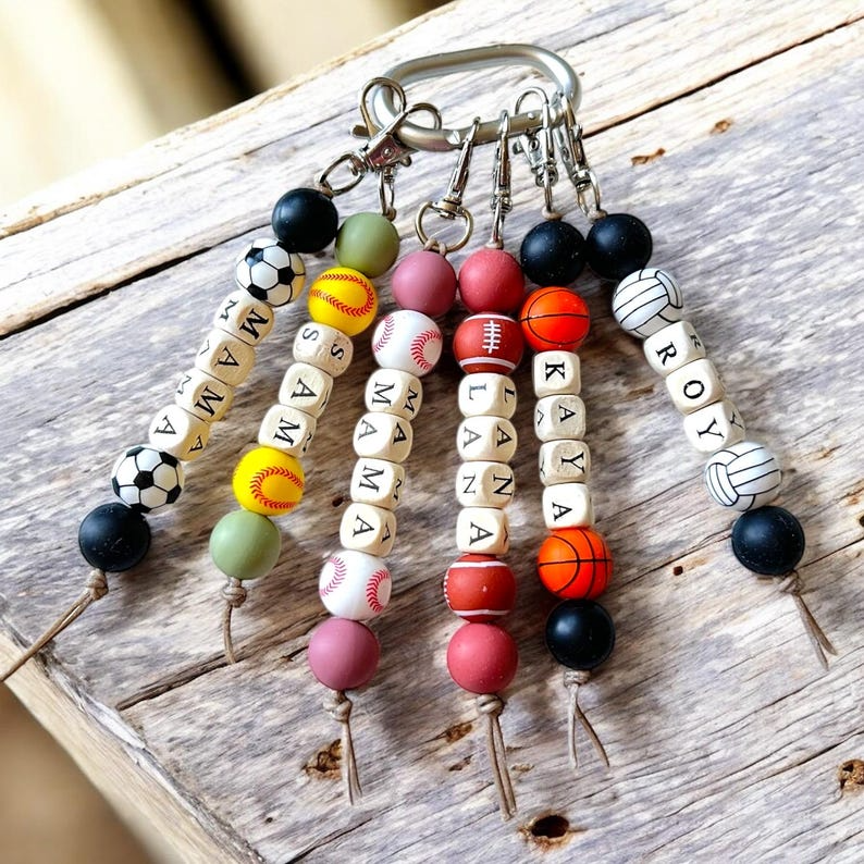 Personalized Sports Keychain / Beaded Name Keyring with Baseball, Soccer, Basketball