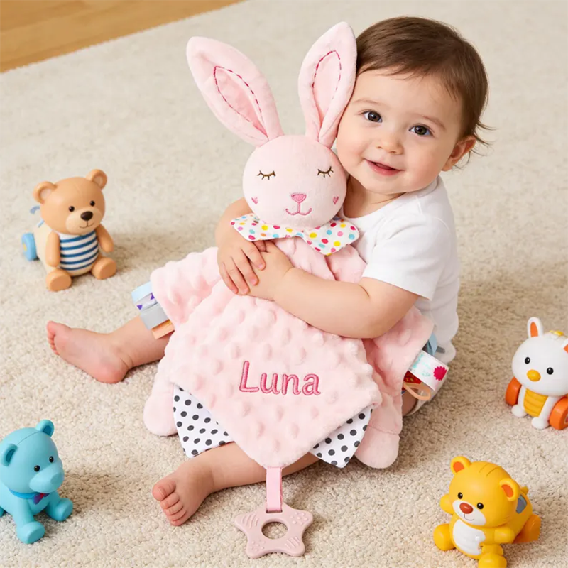 Personalized Plush Animal Baby Comforter: Embroidered Name Security Blanket