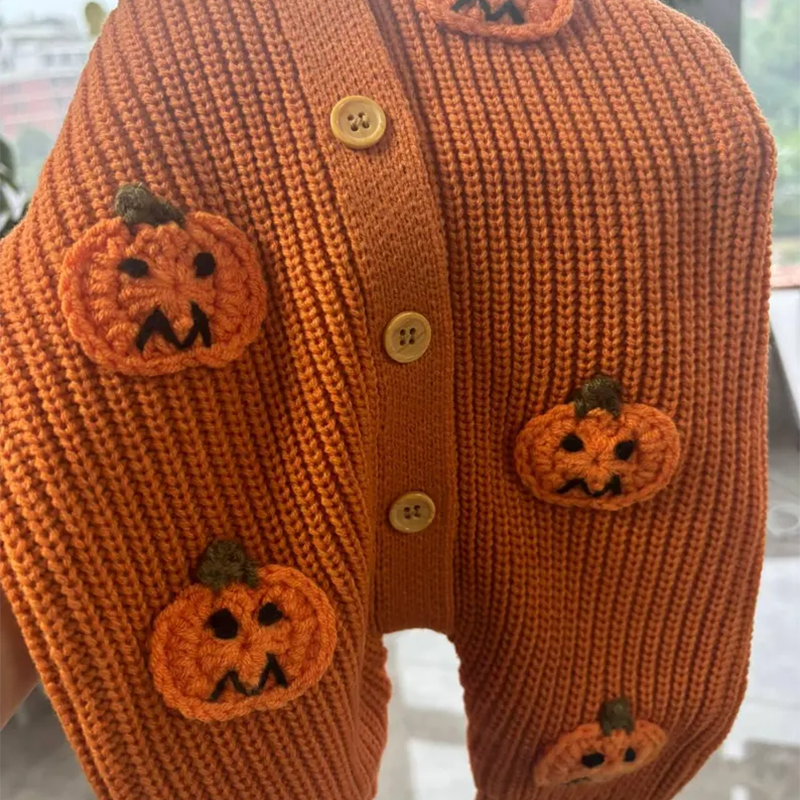 Custom Name Back Baby Halloween Romper, 3D Pumpkin Knit Jumpsuit