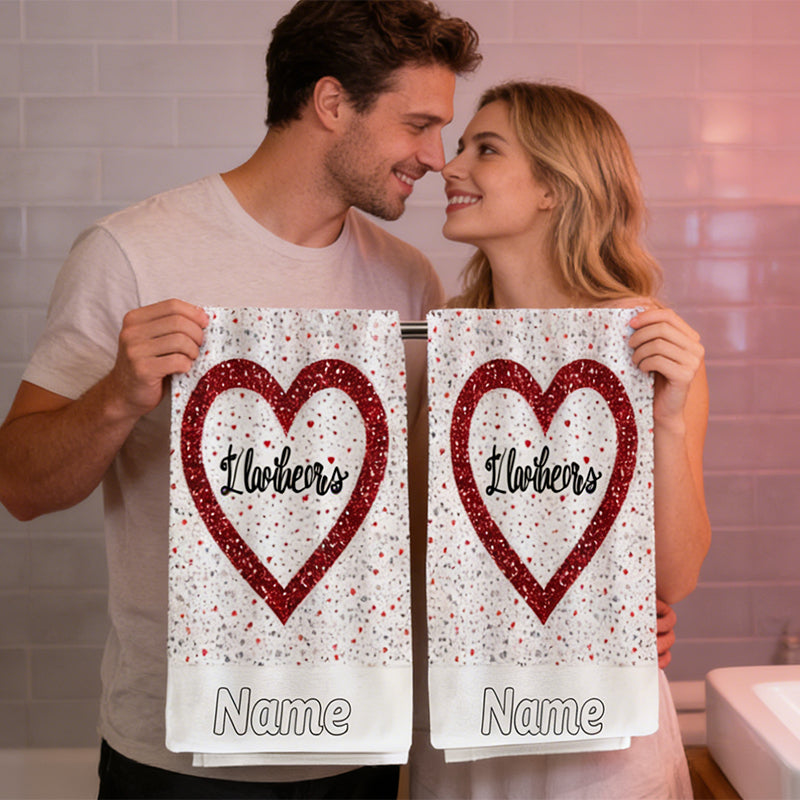 2pcs Personalized Red & White Glitter Heart-Shaped Towels with Custom Name