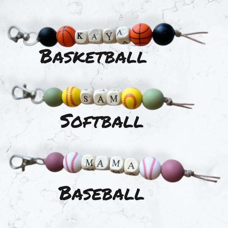 Personalized Sports Keychain / Beaded Name Keyring with Baseball, Soccer, Basketball