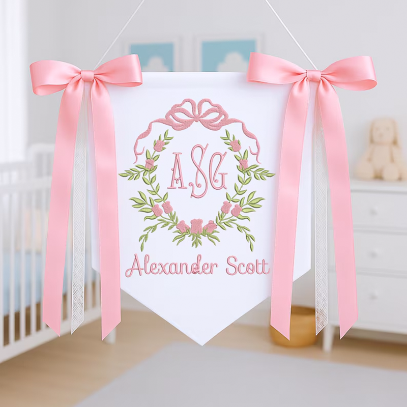 Personalized Baby Banner, Floral Crest Welcome Banner with bows