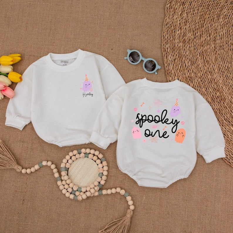 Custom Spooky One Baby Romper, Cute Halloween Ghost Bodysuit