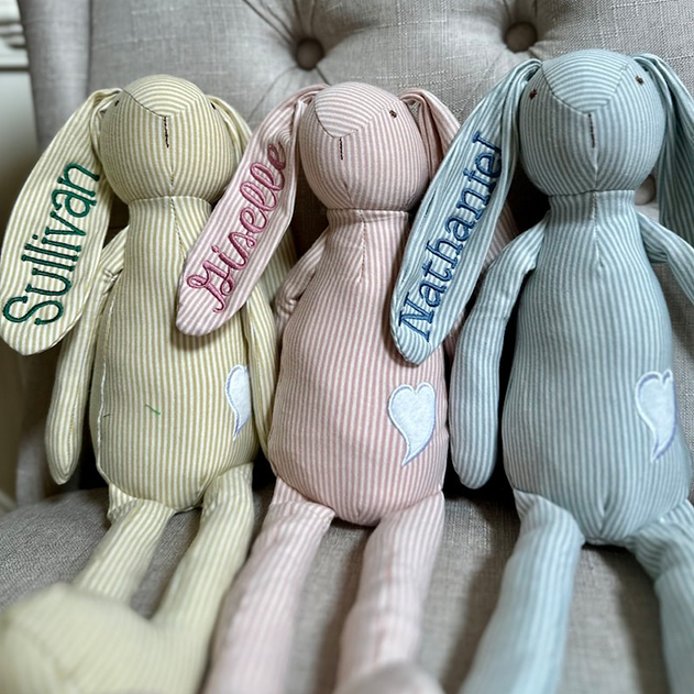 Personalized Easter Striped Plush New Baby Bunny, Long Ear Bunny