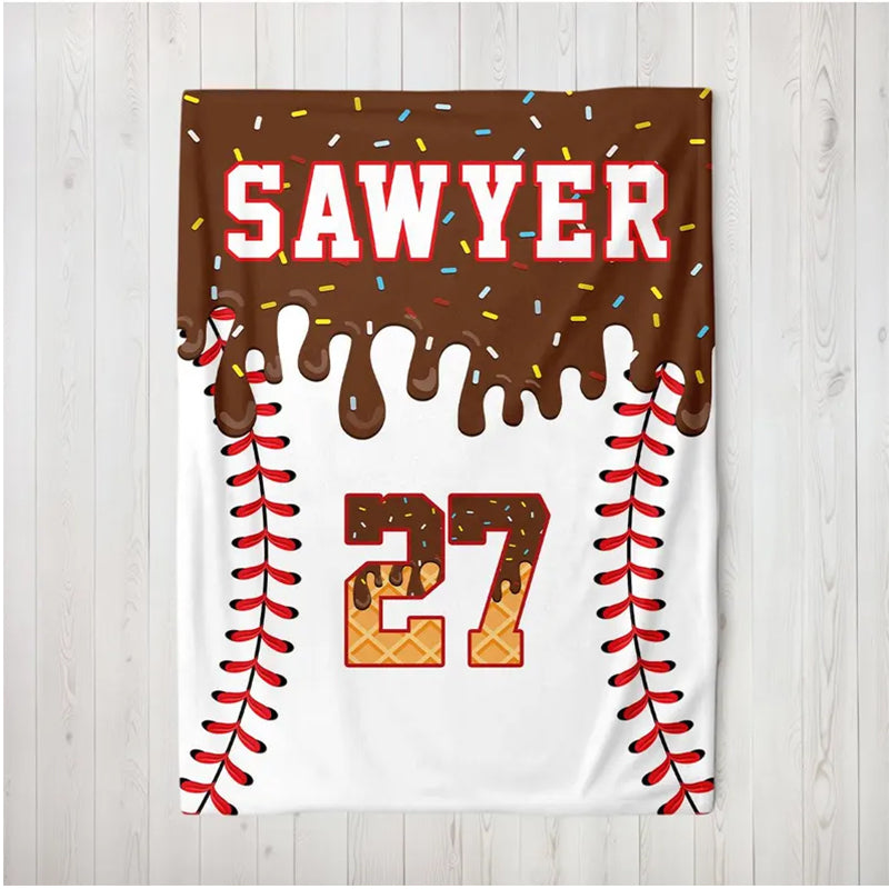 Personalized Baseball Blanket: Ice Cream Drip Design, Custom Name