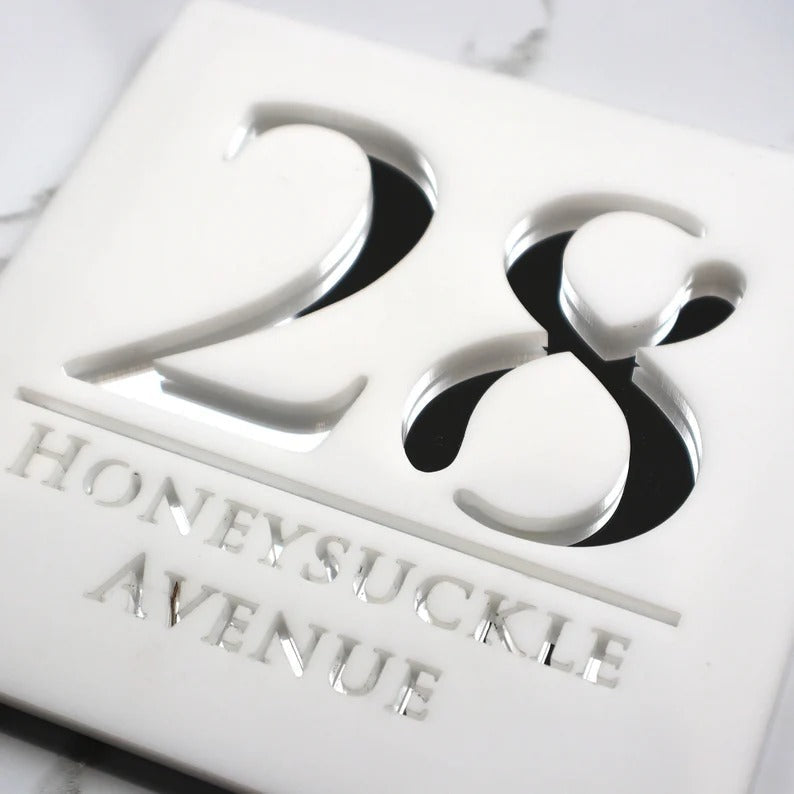 Laser Cut Matt White & Black Mirror Floating House Signs Door Number Signs Plaques