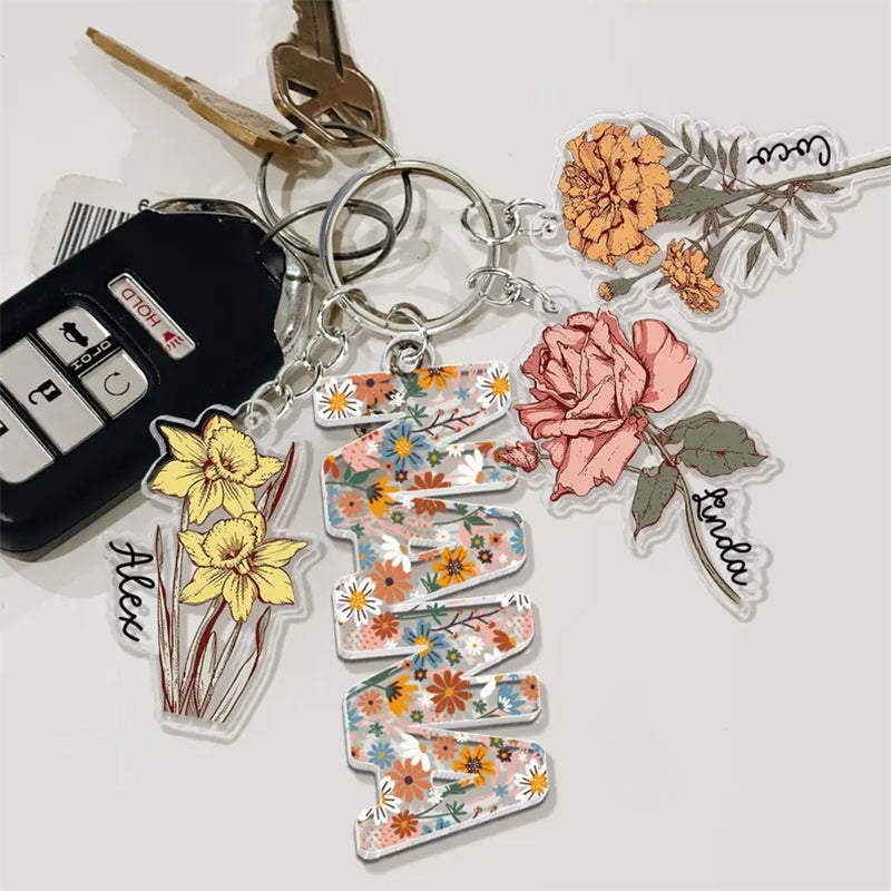 Personalized Mother's Day Gift For Mom, Custom Grandma Keychain With Birth Month Flowers