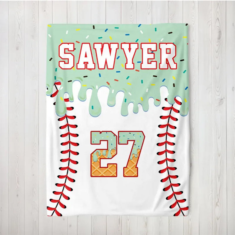 Custom Baseball Drip Blanket, Personalized Ice Cream Drip Baseball Blanket