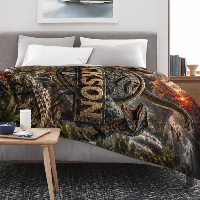 Personalized Dinosaur Blanket Custom Jurassic Flannel Throw T-Rex Kids Name Blanket