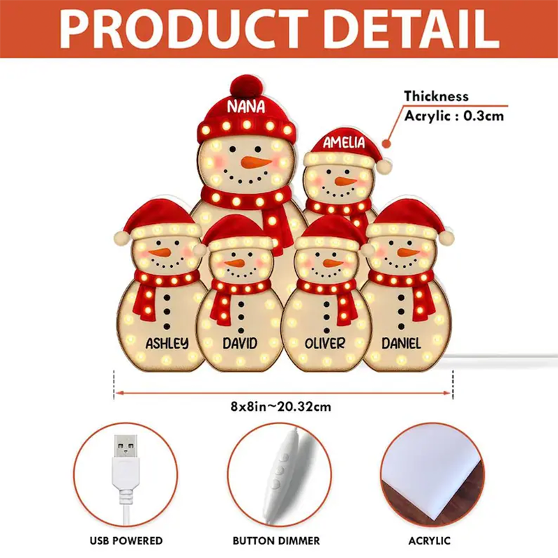 Snowman Grandma Grandkids Marquee Effect Personalized LED Light