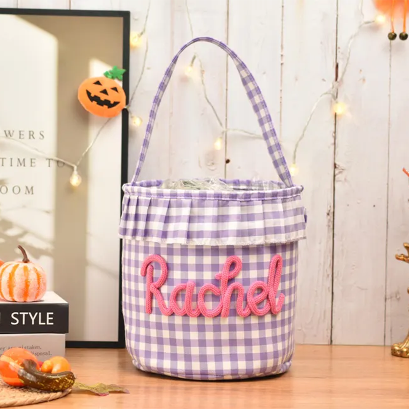 Halloween Basket Ruffle Personalized,Plaid Trick or Treat Bag with Custom Name
