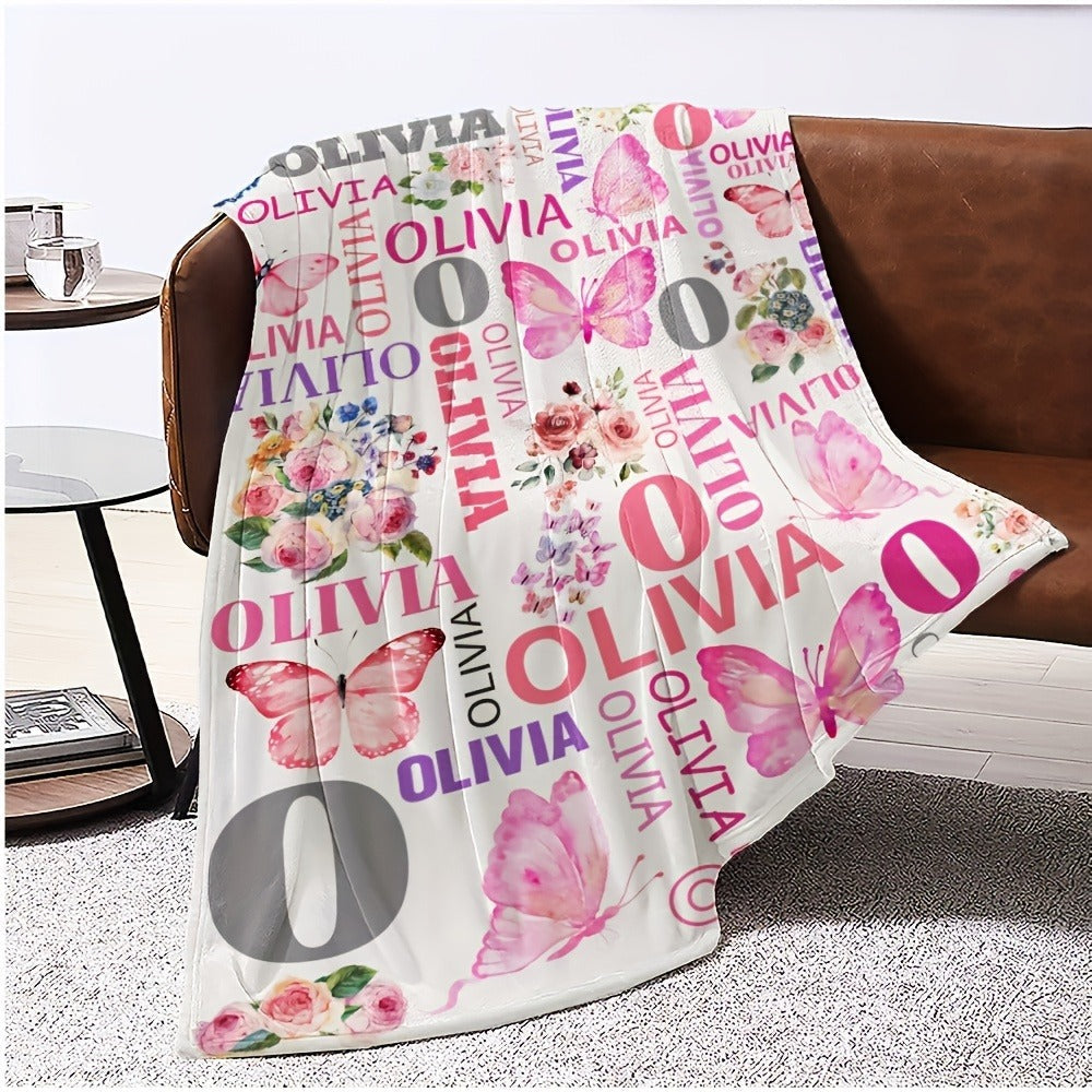 Customizable Pink Floral & Butterfly Plush Throw Blanket