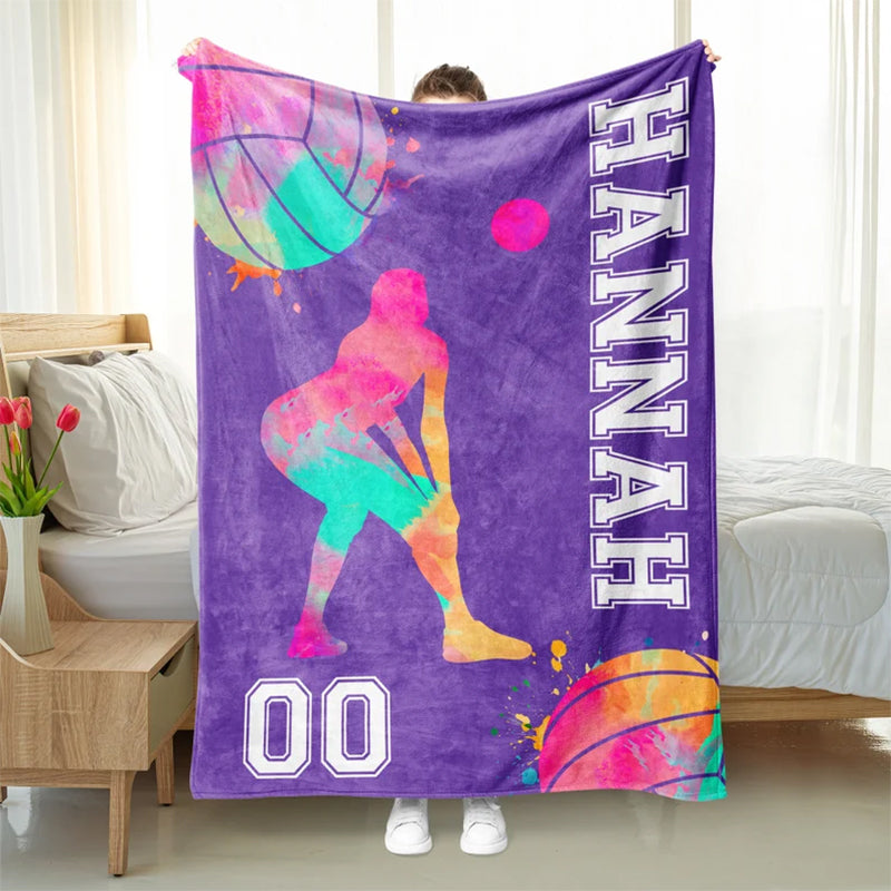 Personalized Volleyball Blanket - Custom Name Watercolor Design Volleyball