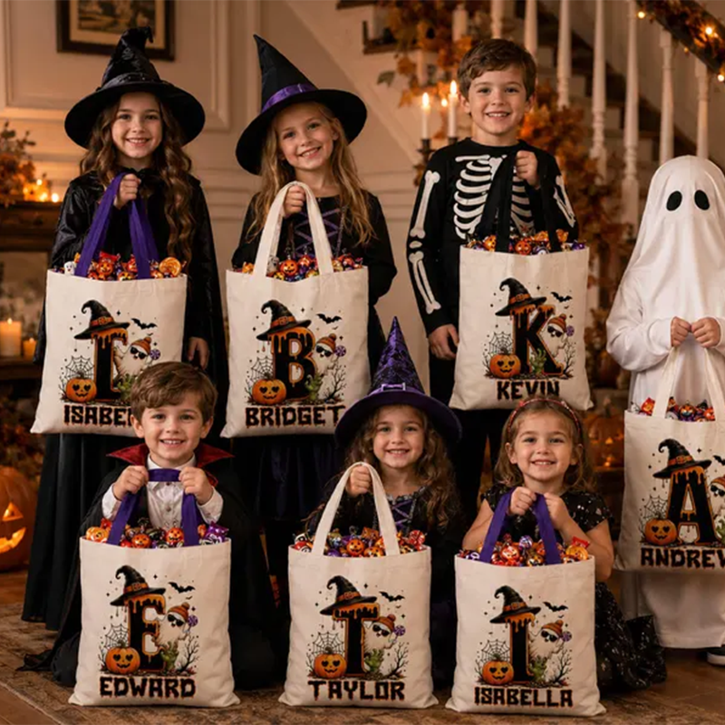 Cute Halloween Ghost bag, Spooky Goodie Bag, Custom Name Halloween Tote Bag