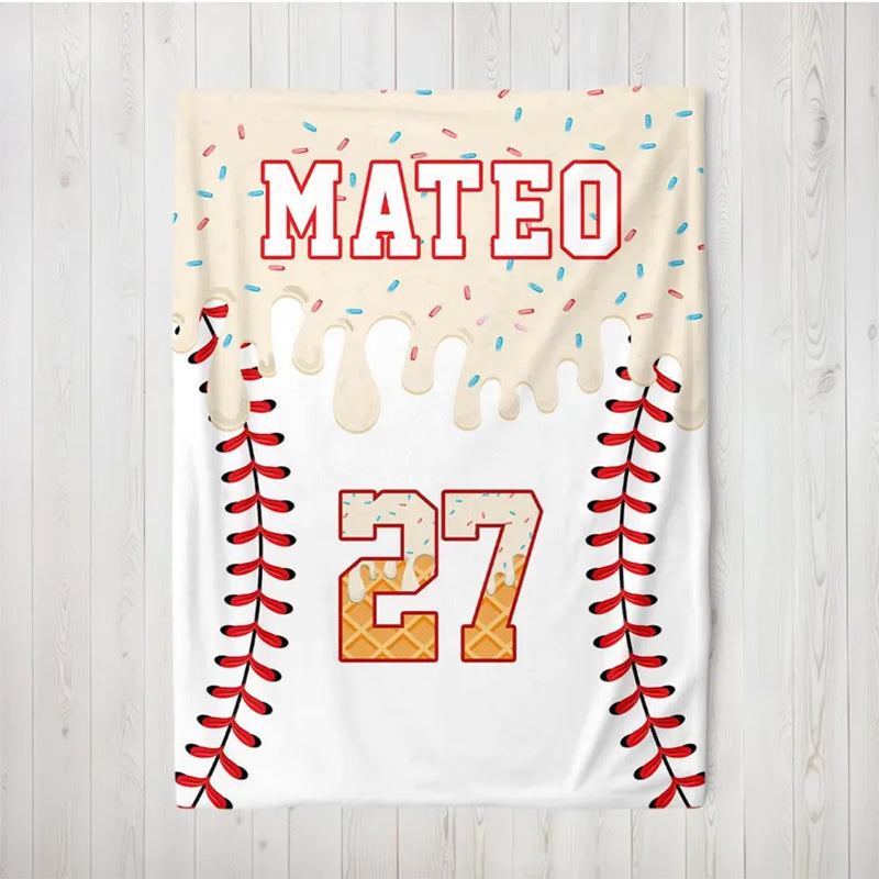 Custom Baseball Drip Blanket, Personalized Ice Cream Drip Baseball Blanket
