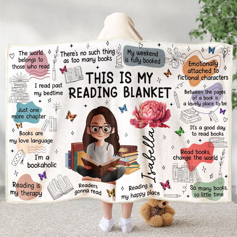 Birth Flower Book Lovers, Books Quotes, Personalized Wearable Blanket Hoodie