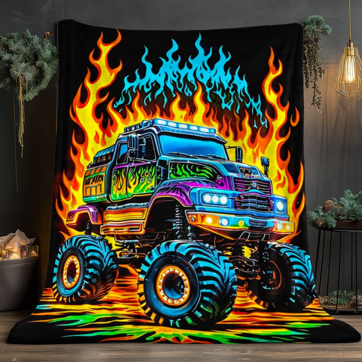 Truck Flame Neon Glow-in-the-Dark Printed Flannel Blanket