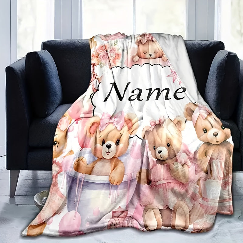 Personalized Name Design, Soft & Warm Cartoon Bear Print Blanket