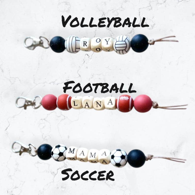 Personalized Sports Keychain / Beaded Name Keyring with Baseball, Soccer, Basketball