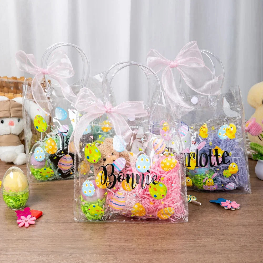 Personalized Pink Bow Ribbon Colorful Easter Eggs Chicks Clear Gift Bag