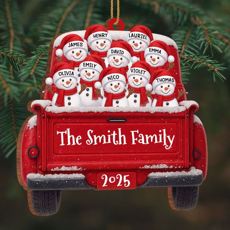 Custom Snowman Family Christmas Ornament, Red Truck Flat Ornament