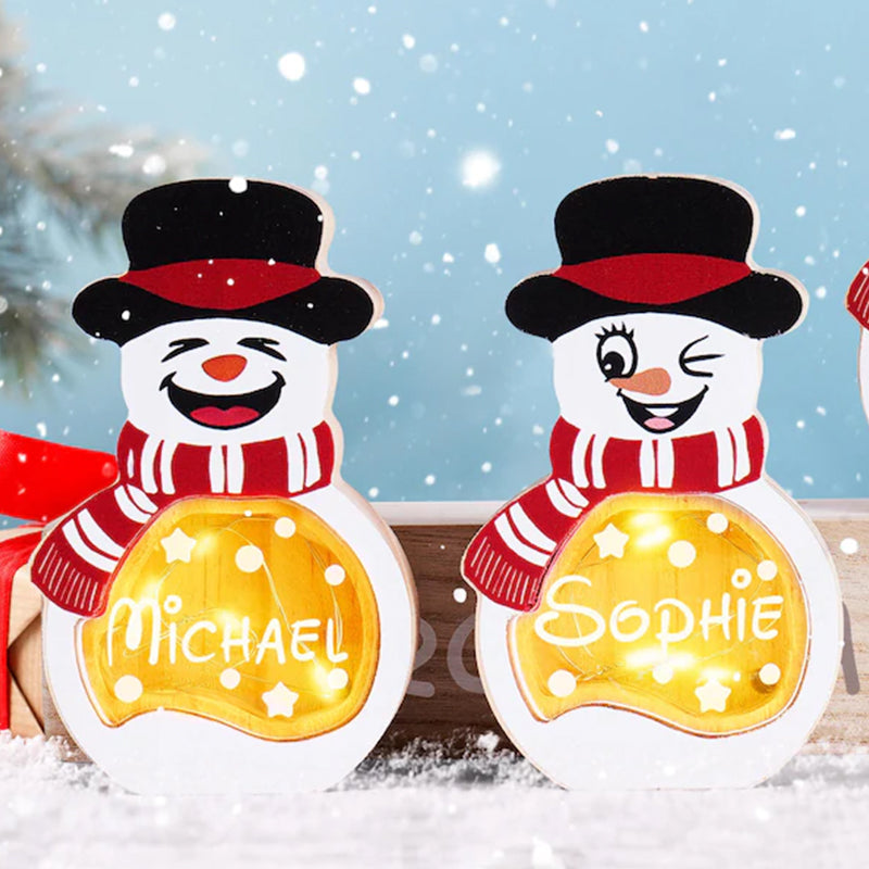 Custom Family Christmas Decoration, Personalized Snowman Figurine Set with LED Lights