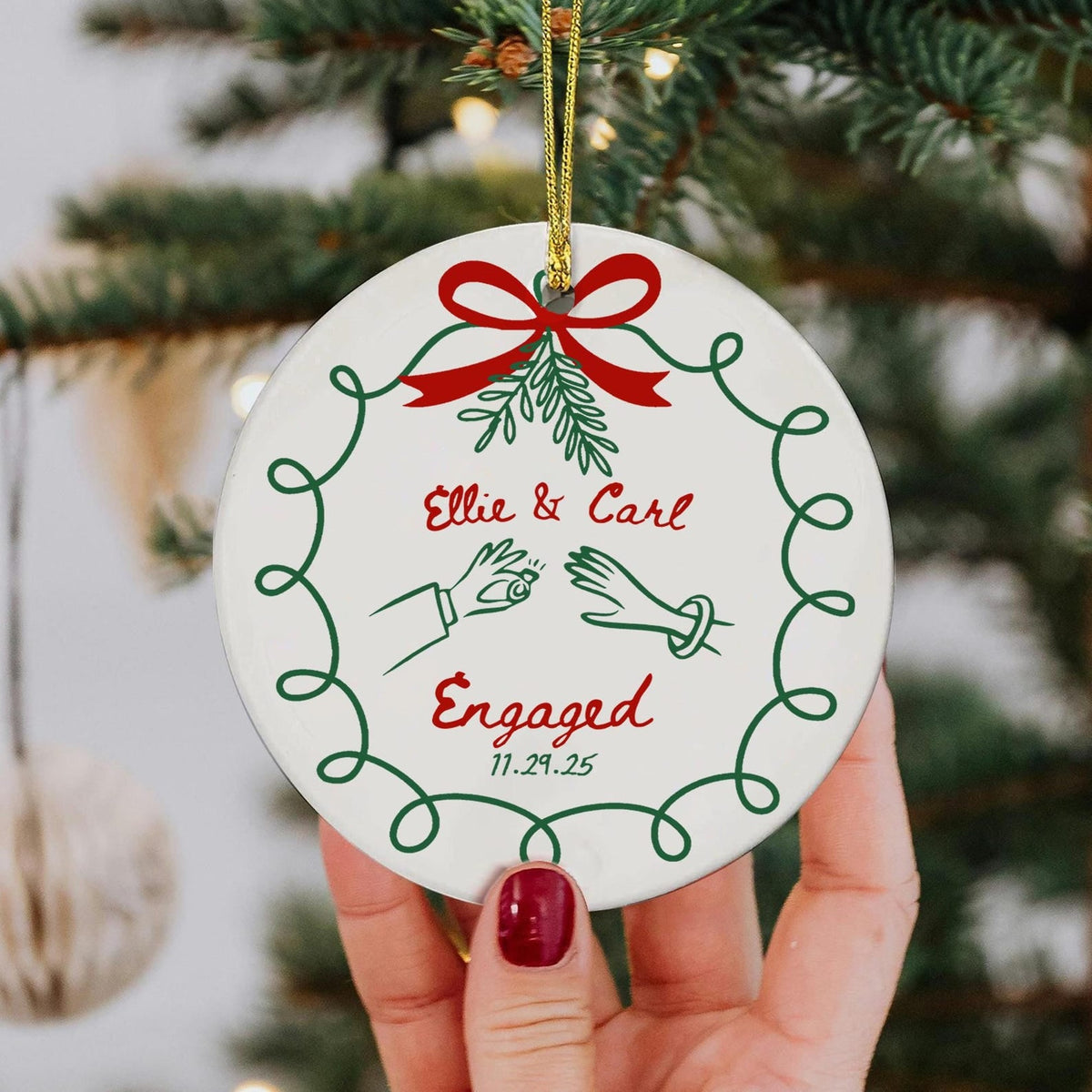 2 Sided Ceramic Ornament, Our First Christmas Engaged, Personalized Engagement Gift for Couples