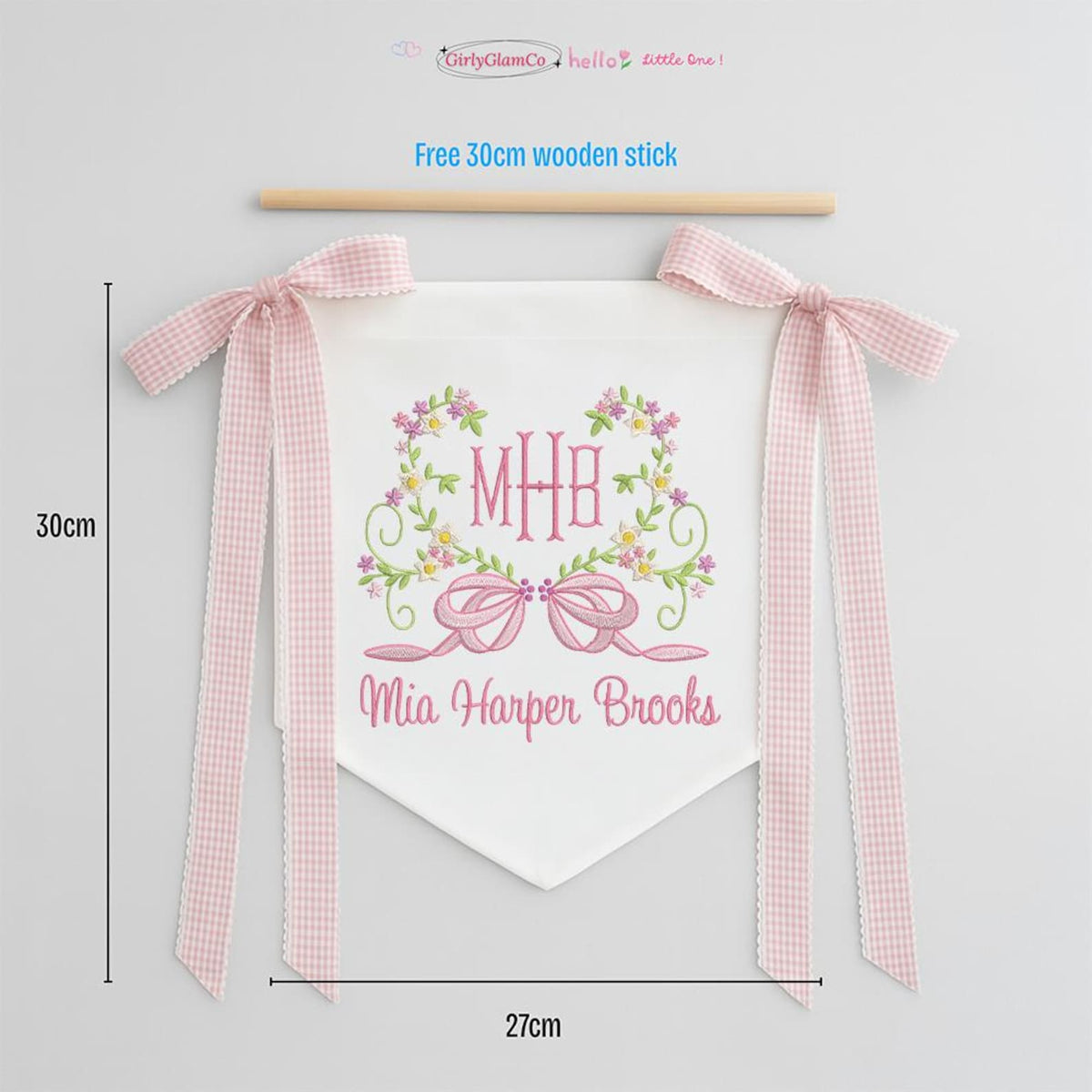 Custom Baby Banner With Heart Floral, Welcome Banner with Floral Crest, Bows Baby Banner