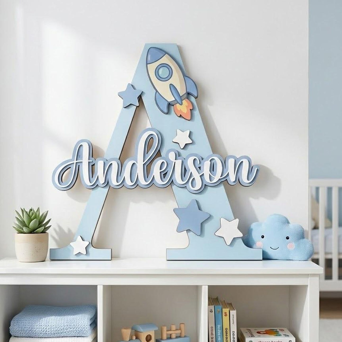 Personalized Wooden Name Sign with Initial and Cute Icons for Kids Room Decor