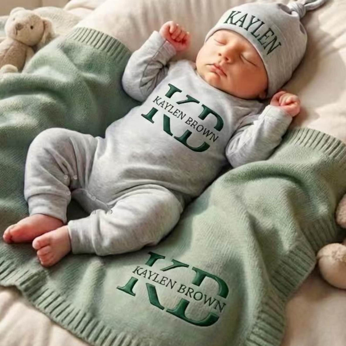 Personalized Organic Cotton Baby Name Outfit Set with Knit Blanket, Newborn Romper & Hat