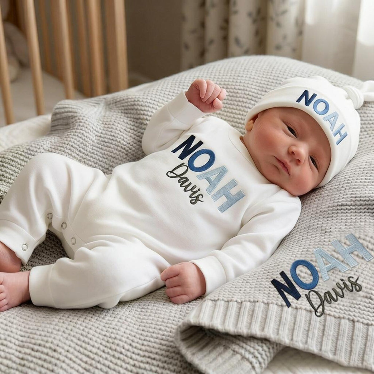 Rainbow Gradient Personalized Baby Romper Set, Custom Name Embroidered Organic Cotton Newborn Outfit