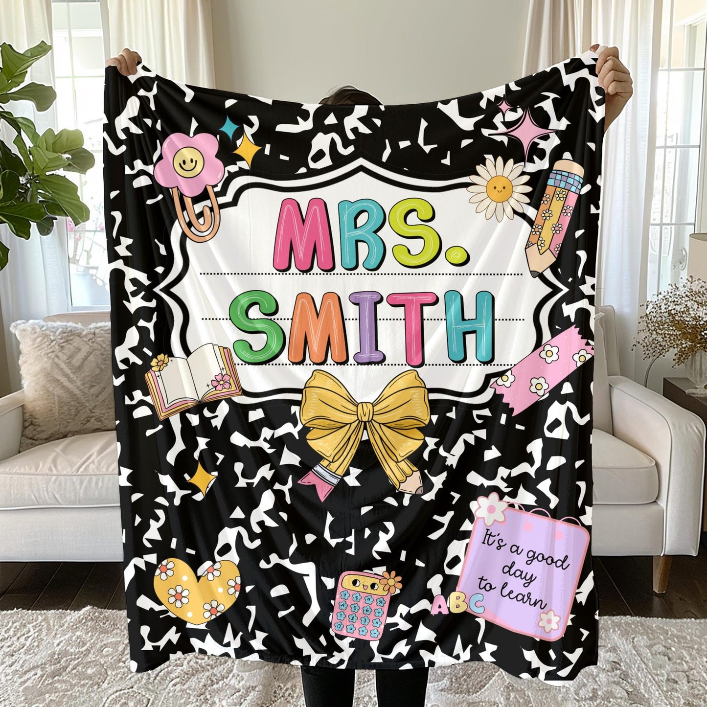 Custom Teacher Blanket with Name Cute Notebook Design Throw Blanket
