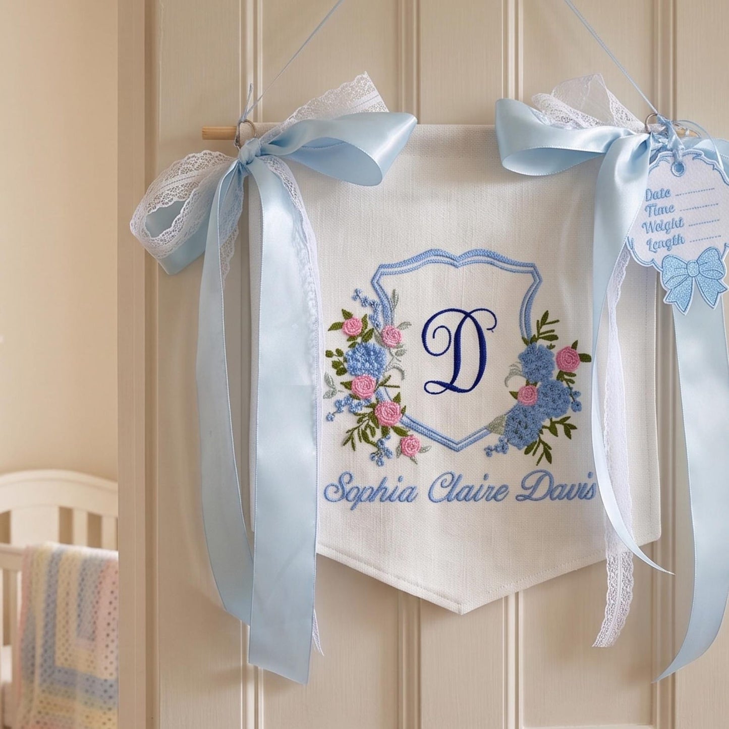 Embroidered Baby Name Banner, Custom Floral Monogram Banner, Baby Shower Decor