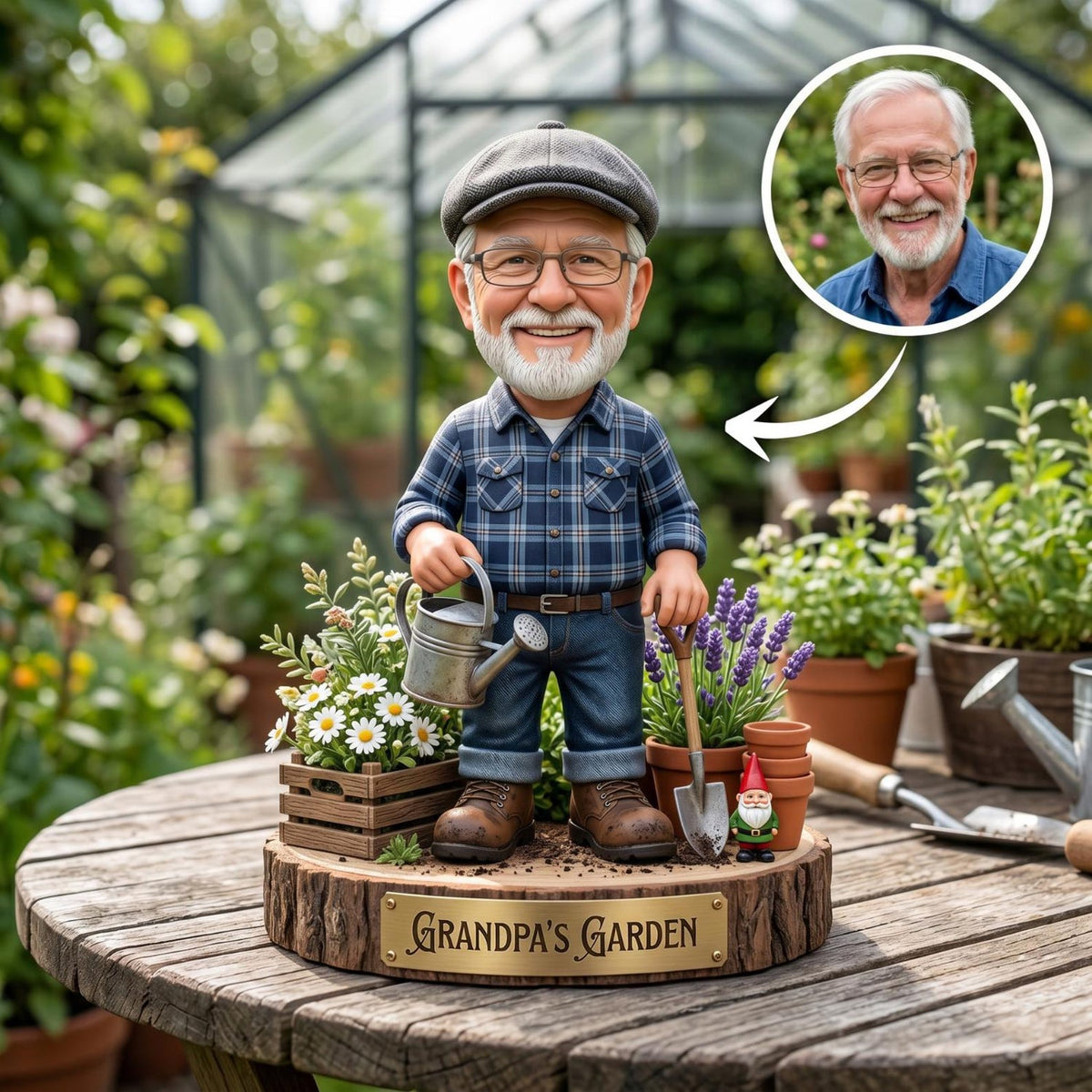 Personalized Grandpa Garden Gnome 2D FLAT Wooden Block, Custom Photo Caricature Plaque Sign